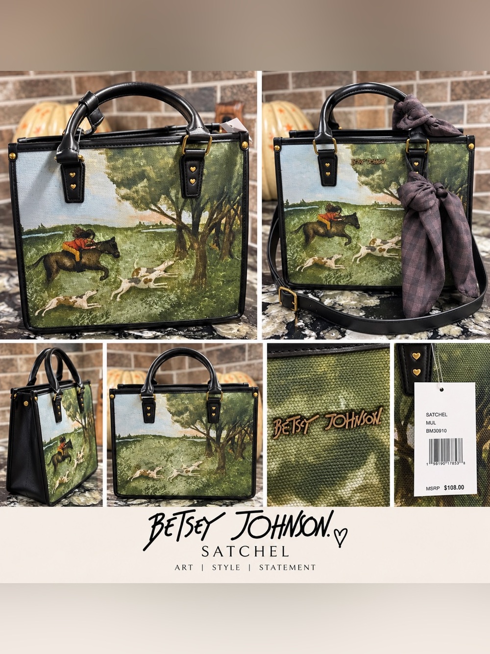 Betsey Johnson Equestrian Hunt Scene Satchel Handbag – NWT 🐎🤎